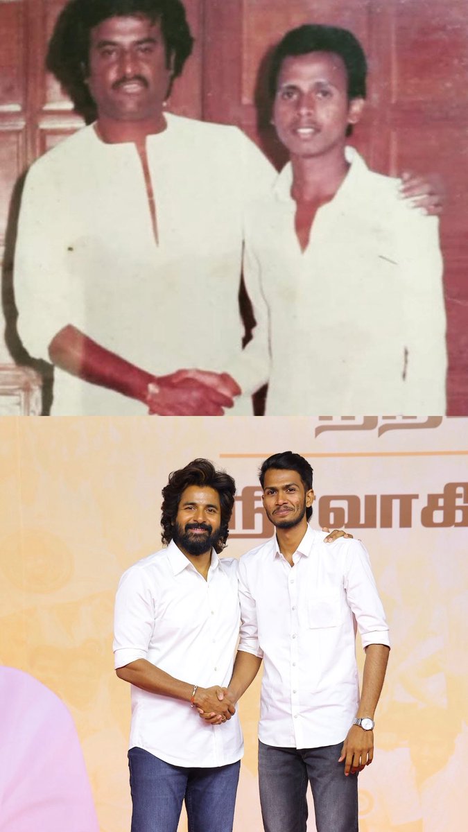 Adhi_skfc's tweet photo. This is how generational gap looks like😭❤️

Like father like son😁
Same pose , white and white seriously unexpected😭

Father with his thalaivar 🔥
Me with my Annan🤗

@rajinikanth x @Siva_Kartikeyan 

#jailer #sk27 https://t.co/OVhZ3YUr95