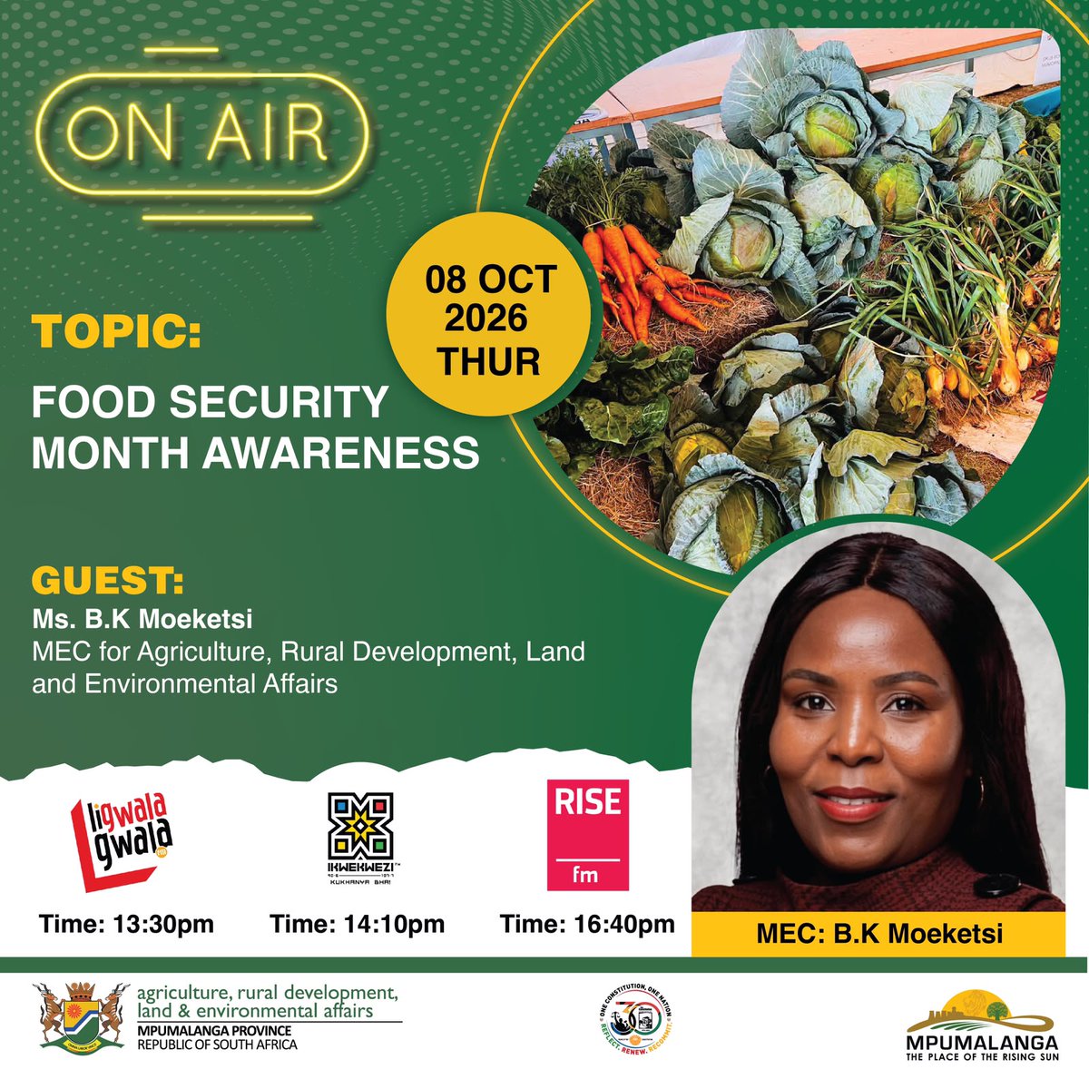 MpuDardlea's tweet photo. Let us talk food security during this Food Security Month.

It is a date...See Radio Station and times on the poster.

#FoodSecurityMonth
#WorldFoodDay2026
#MpumalangaAProvinceThatWorksForAll https://t.co/o3TmSZU9PJ