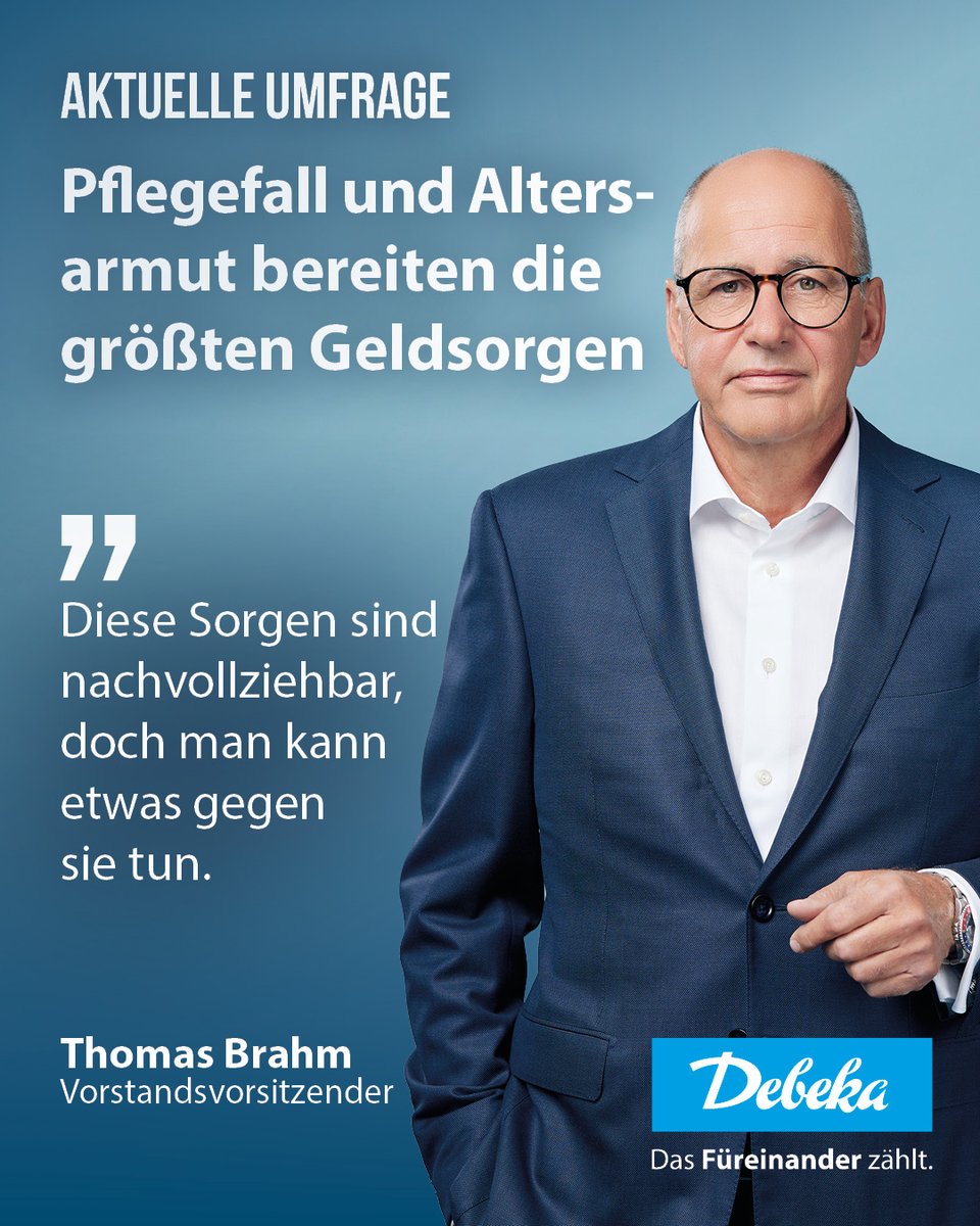 debeka's tweet photo. #Debeka-Umfrage: 34 % der Befragten sehen in der #Pflegebedürftigkeit im Alter ihr größtes persönliches Finanzrisiko. 27 % nennen #Armut im #Rentenalter. Mit Abstand folgen #Berufsunfähigkeit (14 %) und #Langzeitarbeitslosigkeit (11 %).

Mehr dazu: https://t.co/VjbptM9vRy https://t.co/dtLRLn62O2