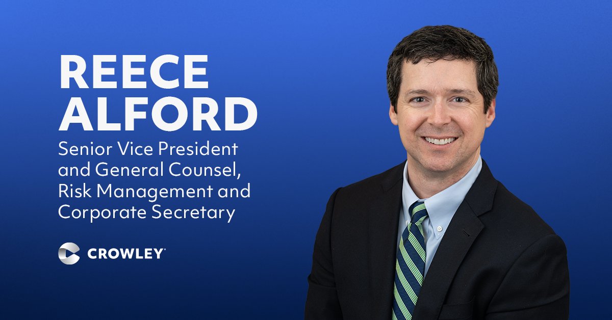 CrowleyMaritime's tweet photo. Reece Alford expands his role as senior vice president and general counsel, adding oversight of enterprise risk management to his responsibilities for legal, insurance, ethics and compliance, helping to align governance oversight with Crowley’s business and growth objectives. https://t.co/LAb2yi20Il