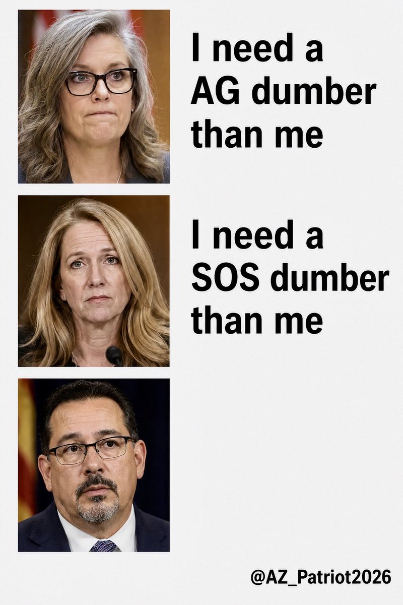 AZ_Patriot2026's tweet photo. Who is worse, AZ Gov Hobbs who took Pay to Play bribe dollars, by selling access to her office?

Or AG Mayes who ignored our laws &amp; covered up Hobbs’ crimes?

Or Fontes who is a knucklehead? 🤣🤣🤣

Vote for Law &amp; Order: @andybiggs4az @votewarren @realAlexKolodin https://t.co/zlD2ujgxxW