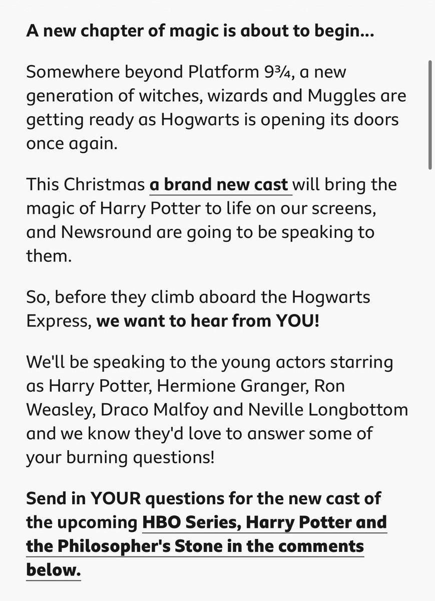 DominicMupdates's tweet photo. BIG promo about to begin!

The BBC/CBBC are asking the public to submit questions for the cast of the Harry Potter series ahead of an upcoming interview!!

They'll be speaking to Dominic, Arabella, Alastair, Lox and Rory. 

This is so exciting! https://t.co/GR825qcDy8