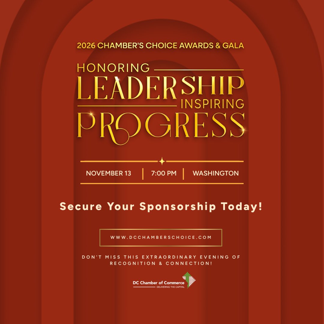 dcchamber's tweet photo. ✨ Put your brand at the center of DC’s biggest night for business! Sponsor the 2026 #ChambersChoice Awards &amp; Gala and connect with leaders from across the District.

🌟 Exclusive hospitality suites available.

Explore opportunities: https://t.co/rJ8pqdUCKN
#DCChamber https://t.co/HK6T7Ty6IB