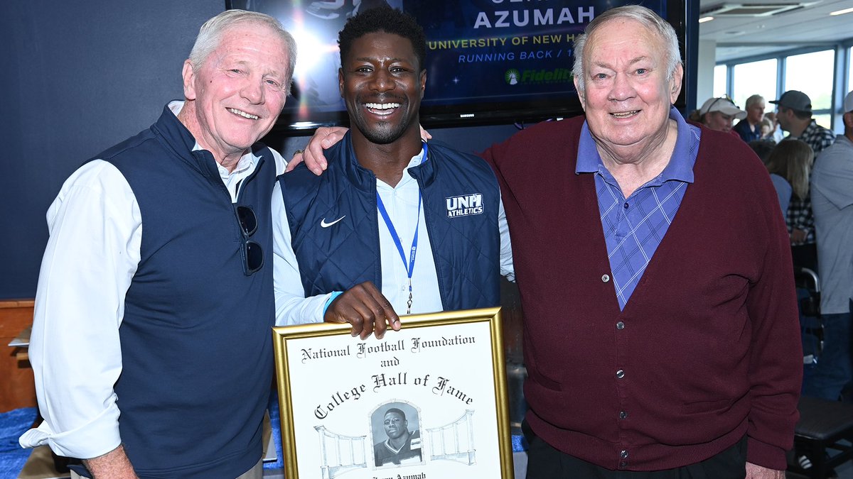 UNH_Football's tweet photo. Jerry Azumah, best of the best‼️

1998 Walter Payton Award
2005 UNH Athletics Hall of Fame
2024 NCAA Silver Anniversary Award
2026 NFF College Football Hall of Fame

Jerry was honored Oct. 3 at Wildcat Stadium with an @NFFNetwork On-Campus Salute, presented by @Fidelity https://t.co/vzJR8ba11Q