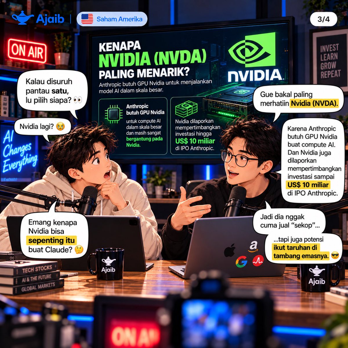viramahirar's tweet photo. insight: mega ipo anthropic (claude) us$ 2 triliun bkl bawa efek domino ke ekosistemnya. raksasa kyk nvda, amzn, googl, & avgo bkl disorot. paling hot jelas nvda yg kabarnya invest us$ 10 miliar. gas riset saham amerika lu #AplikasiAjaib #WallStreet #TechStock https://t.co/I0CDQ1U3jP