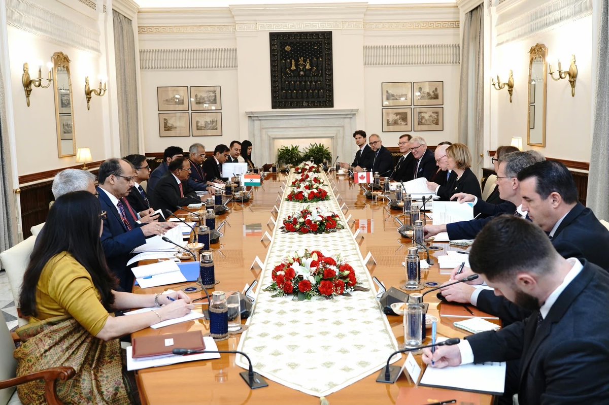 MEAIndia's tweet photo. NSA Shri Ajit Doval and Canada’s Senior Diplomatic & International Affairs Advisor David Morrison held the NSA-level India-Canada Security Dialogue in New Delhi on 6 Oct 2026.

Both sides reviewed bilateral security & law-enforcement cooperation. They agreed to:

💠 deepen cooperation against terrorism, transnational organised crime, drug trafficking and extradition of criminal offenders. 

💠 strengthen institutional mechanisms and explore structured dialogues on cybersecurity and economic security.

Press Release 🔗 : https://t.co/CMrROqdNc3