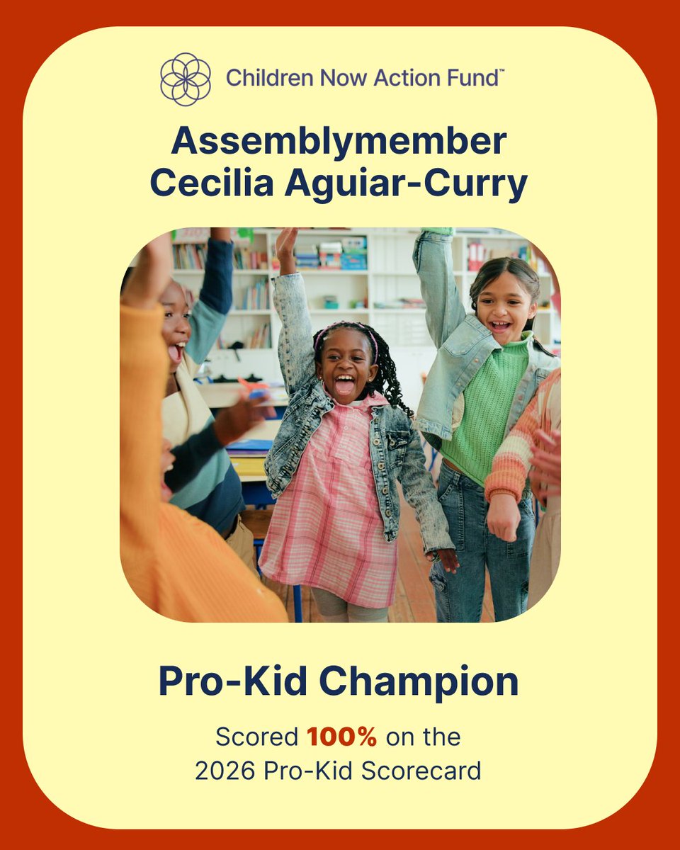 CNActionFund's tweet photo. Congratulations @AsmAguiarCurry for earning a perfect score on supporting California kids and the title of Pro-Kid Champion!

See how all legislators scored on supporting kids' health, education, and overall well-being in the 2026 Pro-Kid Scorecard here 👉 https://t.co/uiz5DxOm8c https://t.co/y7ojU4WCd2
