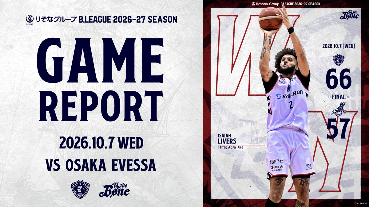b_corsairs's tweet photo. 📈𝐆𝐀𝐌𝐄 𝐑𝐄𝐏𝐎𝐑𝐓📈

Resona Group B.LEAGUE 2026-27 SEASON
2026.10.7
大阪エヴェッサ戦
https://t.co/wbRvAYlwLO

🎙試合後コメント
ラッシ・トゥオビHC
佐藤卓磨選手
ジェームズ・ベル選手

#ビーコル #TotheBONE https://t.co/y8XP6JyLOu
