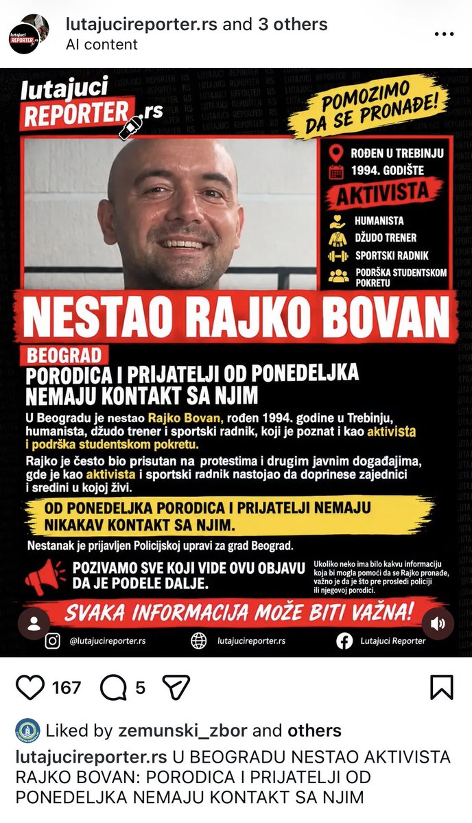 admiral_gepard's tweet photo. U Beogradu nestao aktivista Rajko Bovan!

Porodica i prijatelji od ponedeljka nemaju kontakt sa njim 🚨 https://t.co/mURRBcTLi4