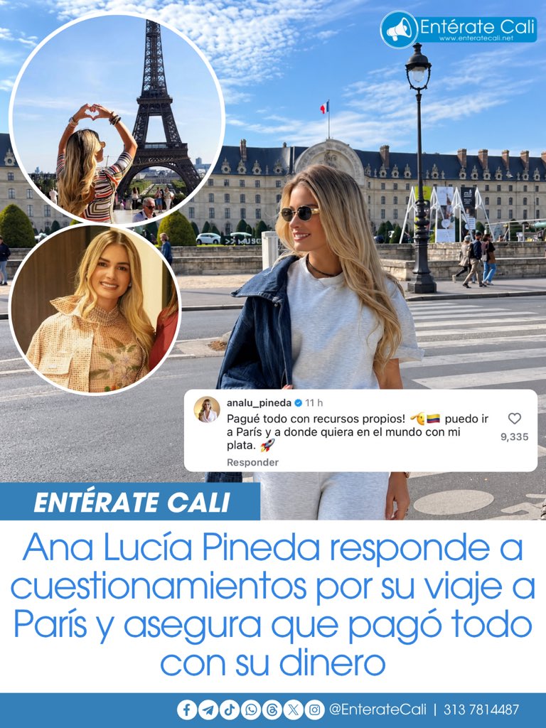 EnterateCali's tweet photo. “Pagué todo con recursos propios”: Ana Lucía Pineda respondió a cuestionamientos por su viaje a París y defendió su visita a Francia. 🇨🇴✈️🇫🇷

La primera dama hizo el comentario en una publicación de La Silla Vacía, luego de que se informara que el senador Alejandro Ocampo solicitó al Dapre información sobre los gastos de su viaje a la Semana de la Moda de París.

“Pagué todo con recursos propios. Puedo ir a París y a donde quiera en el mundo con mi plata”, escribió Pineda en respuesta a la publicación.

La primera dama viajó a Francia como parte de una agenda relacionada con ‘Territorios Vivos’, iniciativa que llevó a París a artesanos, diseñadores y emprendimientos colombianos. La discusión sobre quién asumió los gastos del viaje quedó ahora acompañada por la declaración directa de Pineda.