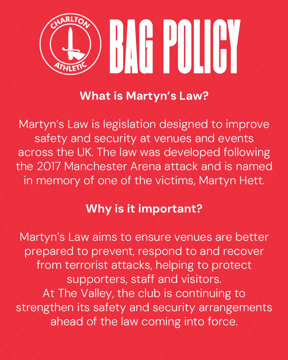 CAFCofficial's tweet photo. Having listened to supporter feedback, the club can confirm an updated approach to our bag policy that will allow larger bags into The Valley for the remainder of the season 🎒

ℹ️ Supporters can find full information, including an FAQ, here: https://t.co/Gc3vKfMmHS

#cafc https://t.co/H05XeJxggw