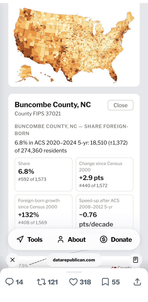 MargoinWNC's tweet photo. NC-11 This thread 🧵 will have your changes of foreign born in your county. https://t.co/1cCmFGTZ4C