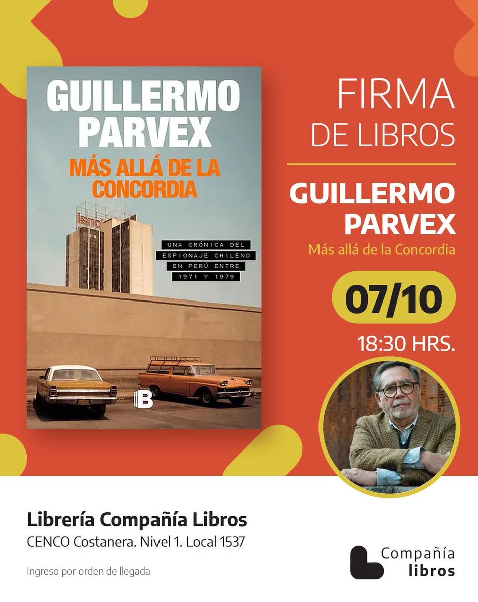 penguinlibroscl's tweet photo. HOY Guillermo Parvex @GuillermoParvex firma ejemplares de su nuevo libro Más allá de la Concordia en Compañía Libros 

Lugar: Compañía Libros CENCO Costanera 
Hora: 18.30 horas

¡Te esperamos! https://t.co/2L170XFdbo