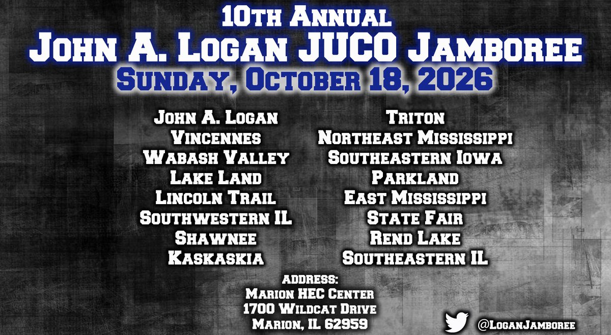 LoganJamboree's tweet photo. The 10th Annual John A. Logan JUCO Jamboree is almost here, and we’re dropping the FULL GAME SCHEDULE TODAY! 👀

Some of the top JUCO programs from across the Midwest and beyond will be in Marion for a full day of basketball.

📅 Sunday, October 18, 2026
📍 Marion, Illinois https://t.co/zcuW3BPBeY