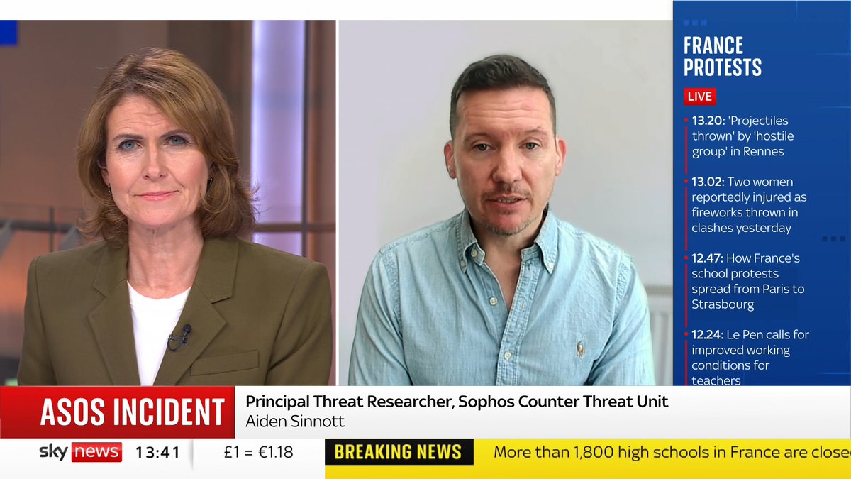 A Sky News broadcast featuring anchors discussing the 'ASOS INCIDENT' with guest Aiden Sinnott from Sophos Counter Threat Unit, alongside a live ticker about France protests.
