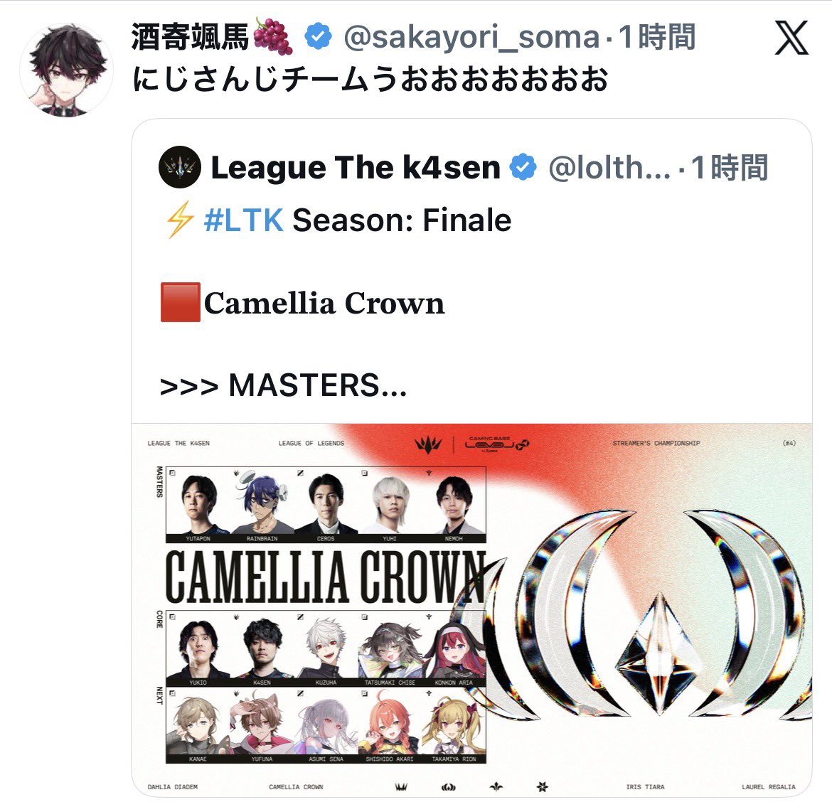 nemudatoka_96's tweet photo. 【悲報】酒寄颯馬さん、LTKにて唯一にじさんじチームに入れず現実逃避に走ってしまう…

CC➞葛葉、叶、あかぴゃ、リオン様
DD➞酒寄颯馬。

しかもめあたむと同じチームなの最高に好きwww
#LTK #thek4sen https://t.co/gA8JwKHFry