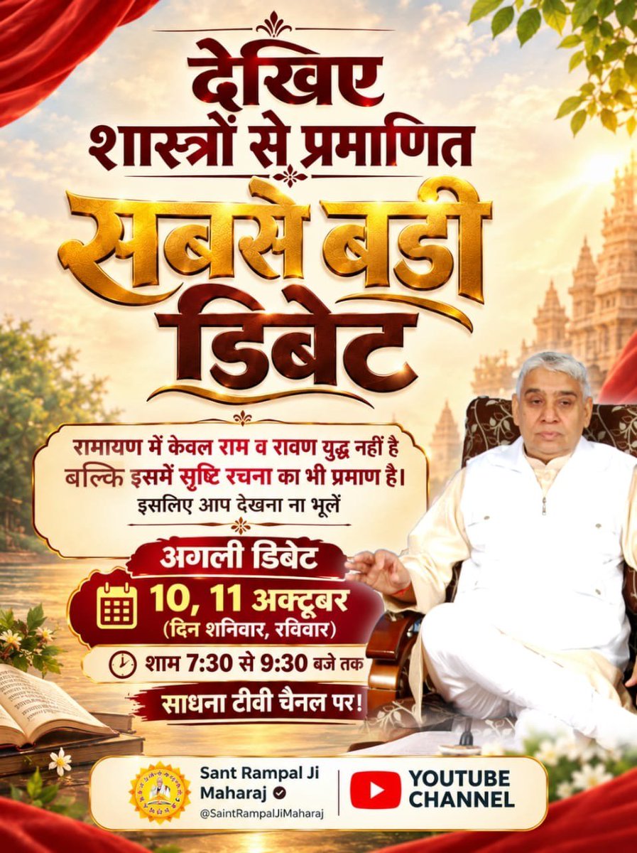 RajeshK75431382's tweet photo. #शास्त्रार्थ_का_शंखनाद_10_Oct

रामायण में केवल राम व रावण युद्ध नहीं है बल्कि इसमें सृष्टि रचना का भी प्रमाण है। इसलिए आप देखना ना भूलें अगली डिबेट 10, 11 अक्टूबर (दिन शनिवार, रविवार) को शाम 7:30 से 9:30 बजे तक साधना टीवी चैनल पर।

50Lakh By Sant RampalJi

#GodMorningWednesday https://t.co/Vl65pZSXQC