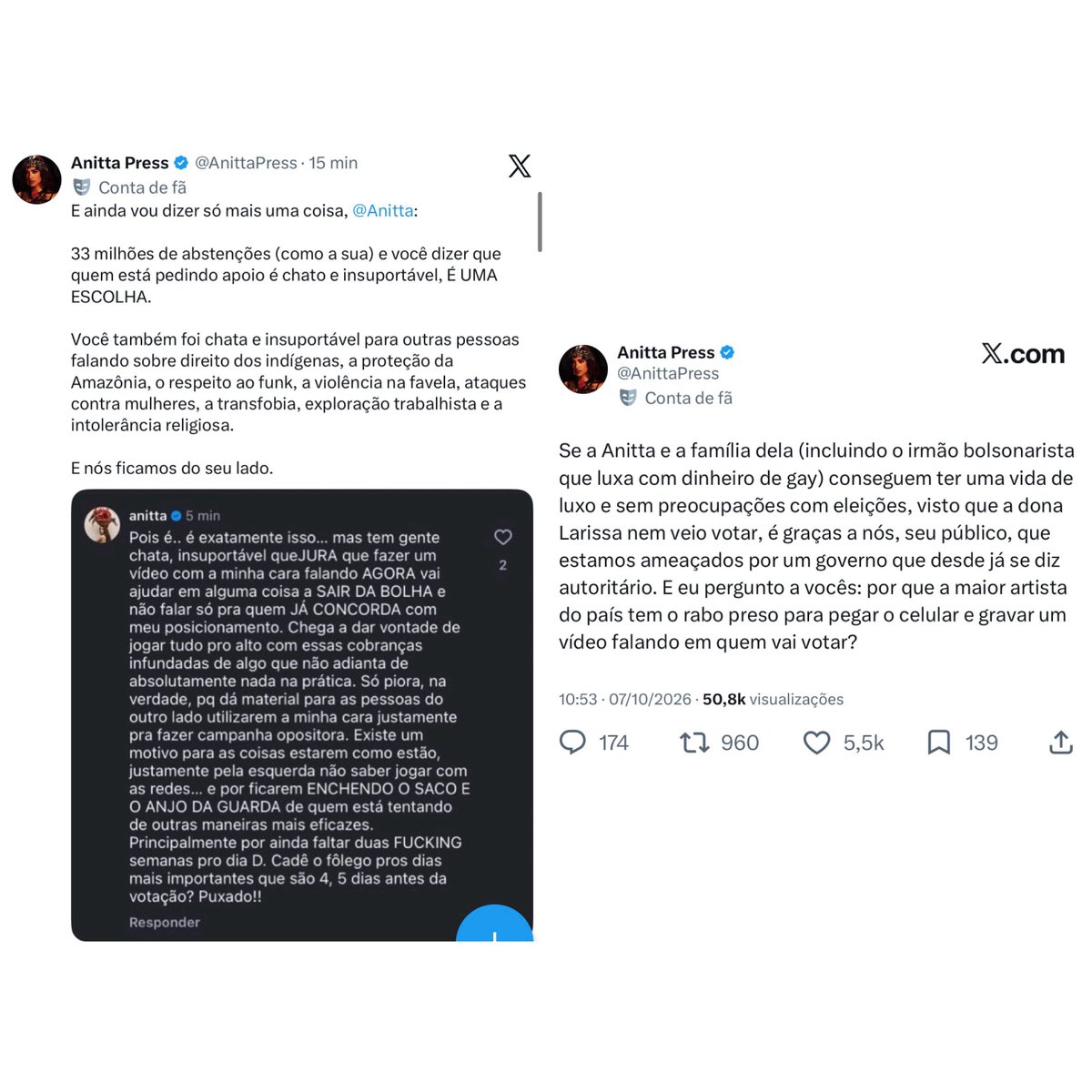 stagepopbr's tweet photo. 🚨 Anitters DETONAM Anitta e expõem irmão e pai de santo bolsonaristas que vivem ao redor da cantora, que faz parte dos 33 MILHÕES de brasileiros que não compareceram às urnas este ano:

“Você é FROUXA Larissa, não é hora para querer pagar de intelectual ou diferentona nosso anseio é por percas de direito e você só é Anitta hoje por todo o apoio da comunidade que está atacada.
Era melhor se isentar igual em 2018 ou inventar novamente que tava no terreiro.”