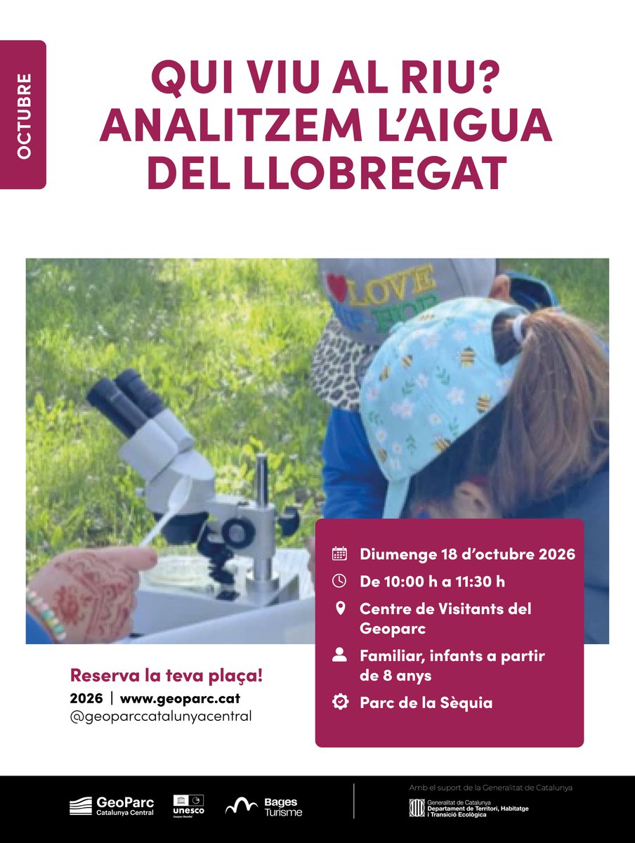 Geoparc's tweet photo. 🔬 Què ens poden explicar els petits habitants d’un riu? El diumenge 18 d’octubre ho descobrireu al Llobregat amb l’activitat «Qui viu al riu? Analitzem l’aigua del Llobregat», de la mà del @parcdelasequia 

🔗 Inscripcions a  https://t.co/9aIBOG48H3

#GeoparcCatalunyaCentral https://t.co/BGq6pdd3GQ
