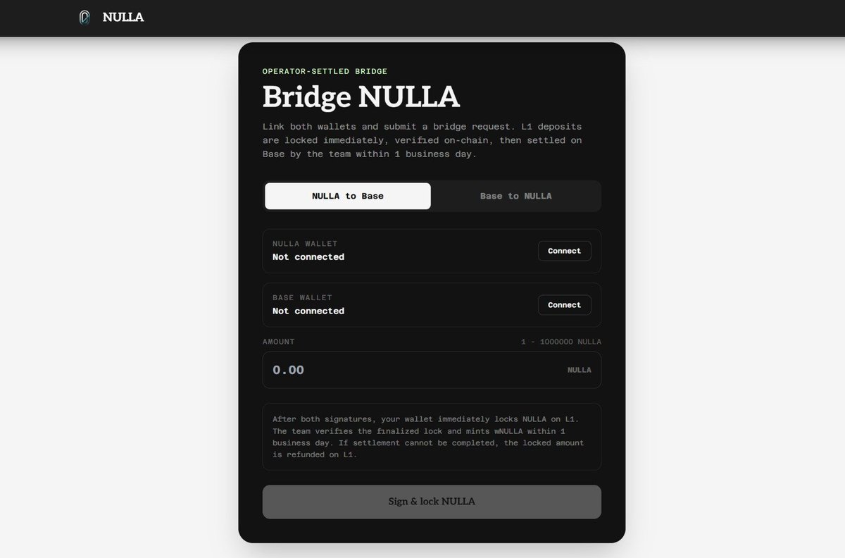 NullaNetwork's tweet photo. NULLA Bridge Update

The bridge is now open on the official website. 
You can start requesting migrations using the form shown in the screenshot, which you can find in the navigation bar under Participate.

This version of the bridge is monitored and manually triggered by the NULLA team to ensure the security of all transactions.

To request a bridge transaction, you only need to:
Connect your Base and NULLA wallets.
Register the wallet pair.
Specify the amount you want to bridge.

We are already working on making the bridge permissionless in the future, allowing migrations to be processed without manual intervention from the team.
