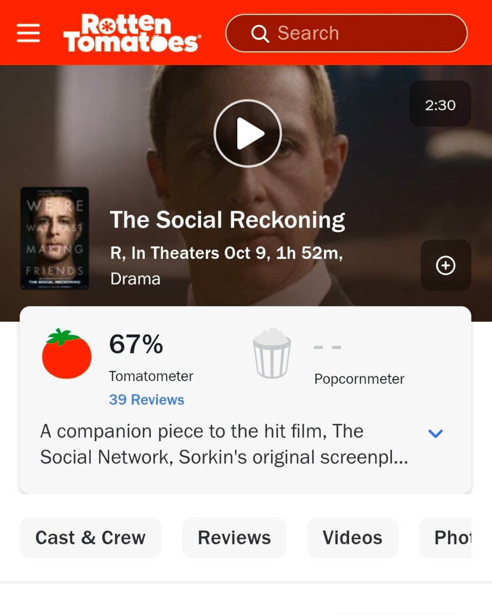 CinemaaNow's tweet photo. Aaron Sorkin’s ‘The Social Reckoning’ debuts with 67% on Rotten Tomatoes.

Starring Jeremy Strong, Mikey Madison, and Jeremy Allen White https://t.co/vuvb2vPZaF