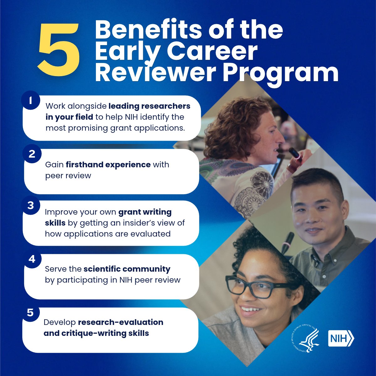 NIH_Innovates's tweet photo. Are you an early career researcher? The Early Career Reviewer (ECR) Program is made for you!

Serving on NIH review panels provides valuable insight and first-hand experience with peer review, which can help participants write stronger grant applications and navigate the NIH funding process more effectively.

Learn more ➡️ https://t.co/JlIb7LZBVe