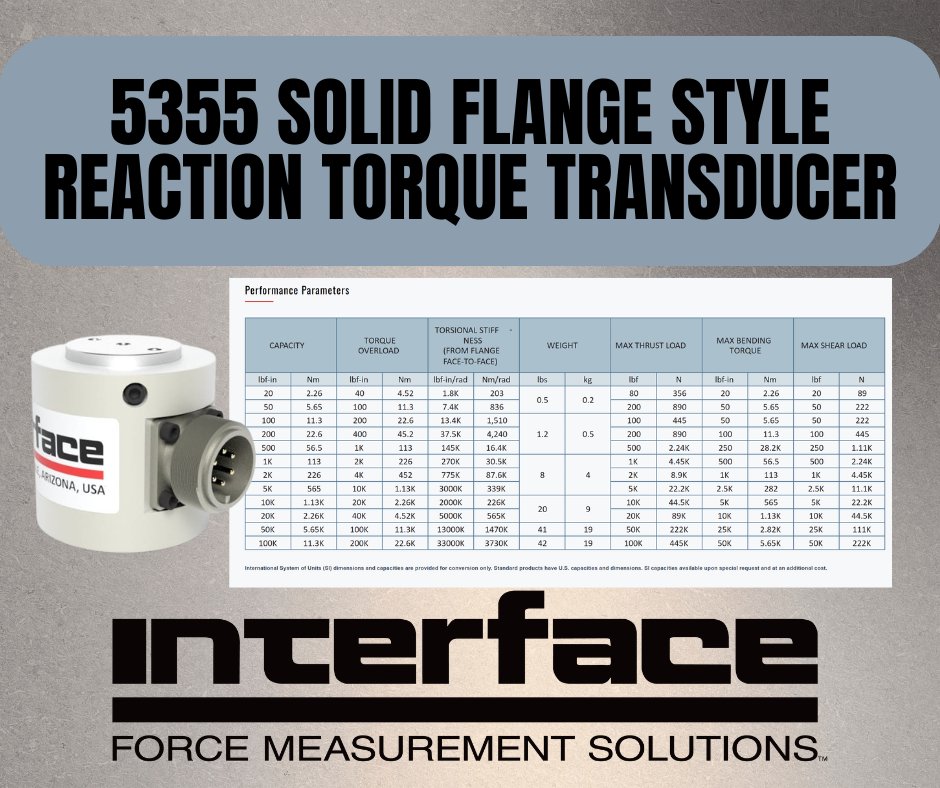 loadcells's tweet photo. Interface's 5355 Solid Flange Style Reaction Torque Transducer offers 12 models with capacities from 10 to 100K lbf-in. https://t.co/nLdVwc3ixZ Review performance parameters: torque overload, torsional stiffness, max thrust load, max bending torque, and shear load. #LoadCells https://t.co/kw36aqIwPB