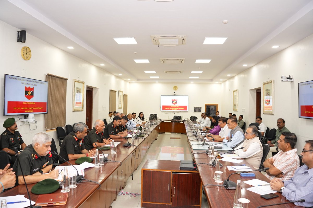 SWComd_IA's tweet photo. Strengthening Civil-Military Synergy 🤝🇮🇳

A Civil-Military Liaison Conference was conducted under the aegis of #SaptaShaktiCommand to strengthen coordination between the Indian Army, Government of Rajasthan and other stakeholders.

Issues of national security, administrative coordination and welfare were deliberated upon to synergise preparedness and integration.

The conference reaffirmed the commitment to a Whole-of-Nation Approach, seamless Civil-Military coordination and veterans’ welfare.

#IndianArmy
#CivilMilitarySynergy
#VeteransWelfare
#WholeOfNationApproach

@adgpi
@HQ_IDS_India
@PRODefRjsthn
@SpokespersonMoD
