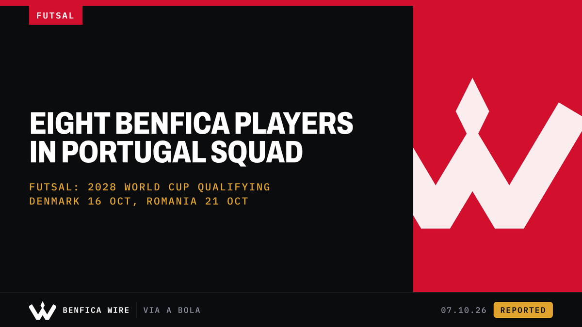 BenficaWire's tweet photo. 🟡 Futsal: eight Benfica players are in Jorge Braz's 15-man Portugal squad to start 2028 World Cup qualifying: André Correia, André Coelho, Afonso, Silvestre, Lúcio Rocha, Pany Varela, Kutchy and Rúben Góis. Denmark at home on 16 October, Romania away on 21 October, via A Bola. https://t.co/M63J6fw8vc