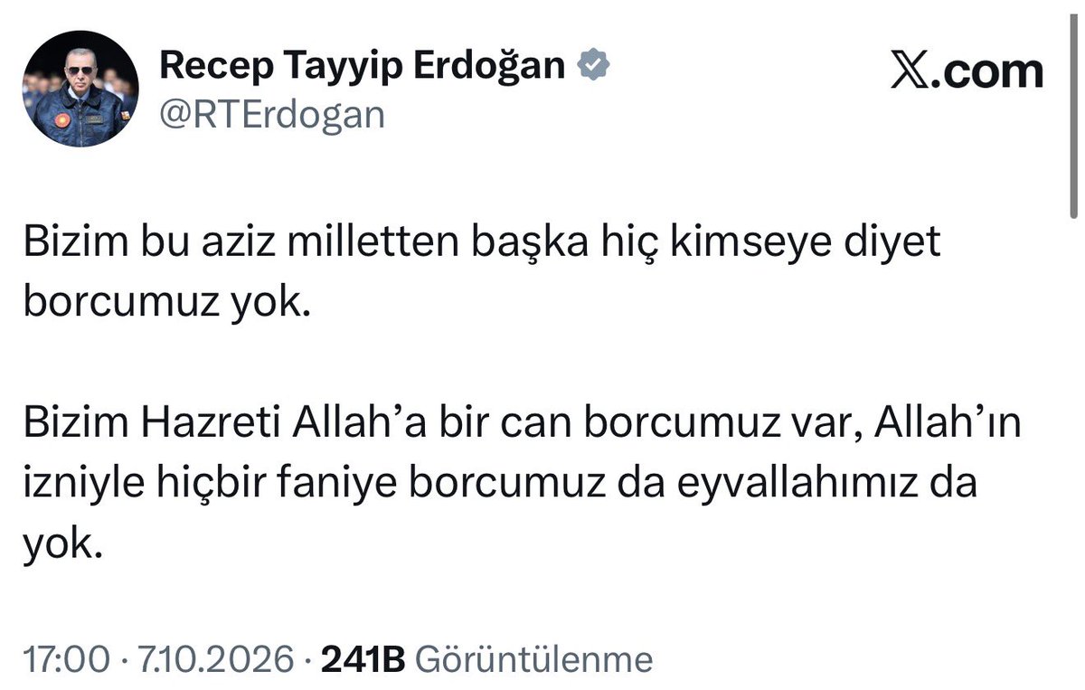 celebimehmeta's tweet photo. Cumhurbaşkanımız Sn. Erdoğan: “Bizim bu aziz milletten başka hiç kimseye diyet borcumuz yok.

Bizim Hazreti Allah’a bir can borcumuz var, Allah’ın izniyle hiçbir faniye borcumuz da eyvallahımız da yok.” https://t.co/XsctLgpKgY
