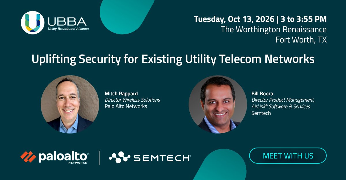 SemtechCorp's tweet photo. We're thrilled to join @PaloAltoNtwks on stage at the 2026 UBBA Summit &amp; Plugfest! 
Mitch Rappard and Bill Boora will introduce a joint solution for strengthening security and compliance across existing cellular router fleets. 
Tues, Oct 13 | 3:00 PM | Fort Worth, TX https://t.co/Dqu8xrJHM8