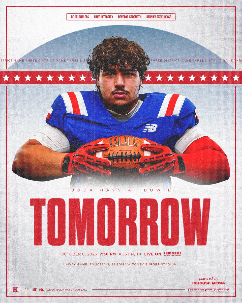BudaHaysFB's tweet photo. On the road for game 7️⃣
👉 at Bowie
⏰ Thursday Night at 7:30p
🏟️ Toney Burger Stadium
🎟️ Link in Bio
📺 YouTube: Christopher Sports Announcing 🔗 in bio
@coachmarktorres
#RISE #BudaHaysFootball
Powered by @inhousemediatx #BuiltWithin https://t.co/KOS7YLD0Ks