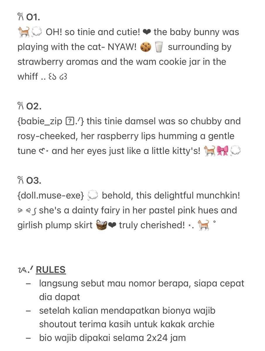 hiabiscus's tweet photo. ⠀
⠀ ⠀ ⠀ ⠀⠀ᯓ ★  help repost? thank you :꣓
⠀
⠀ ⠀ ⠀⠀ ⠀free 3 bio 𐔌՞.  .՞𐦯 dari kak archie
⠀ ⠀ ⠀ ⠀⠀syarat  dan  ketentuan  berlaku
⠀ ⠀ ⠀ ⠀⠀silakan baca  di  gambar  untuk
⠀ ⠀ ⠀ ⠀⠀TnC lebih lanjut ݁ ˖Ი𐑼⋆
⠀
⠀ ⠀ ⠀ ⠀⠀⠀⠀⠀#bealanja #zonauang 
⠀ https://t.co/EwUqIVNy3F