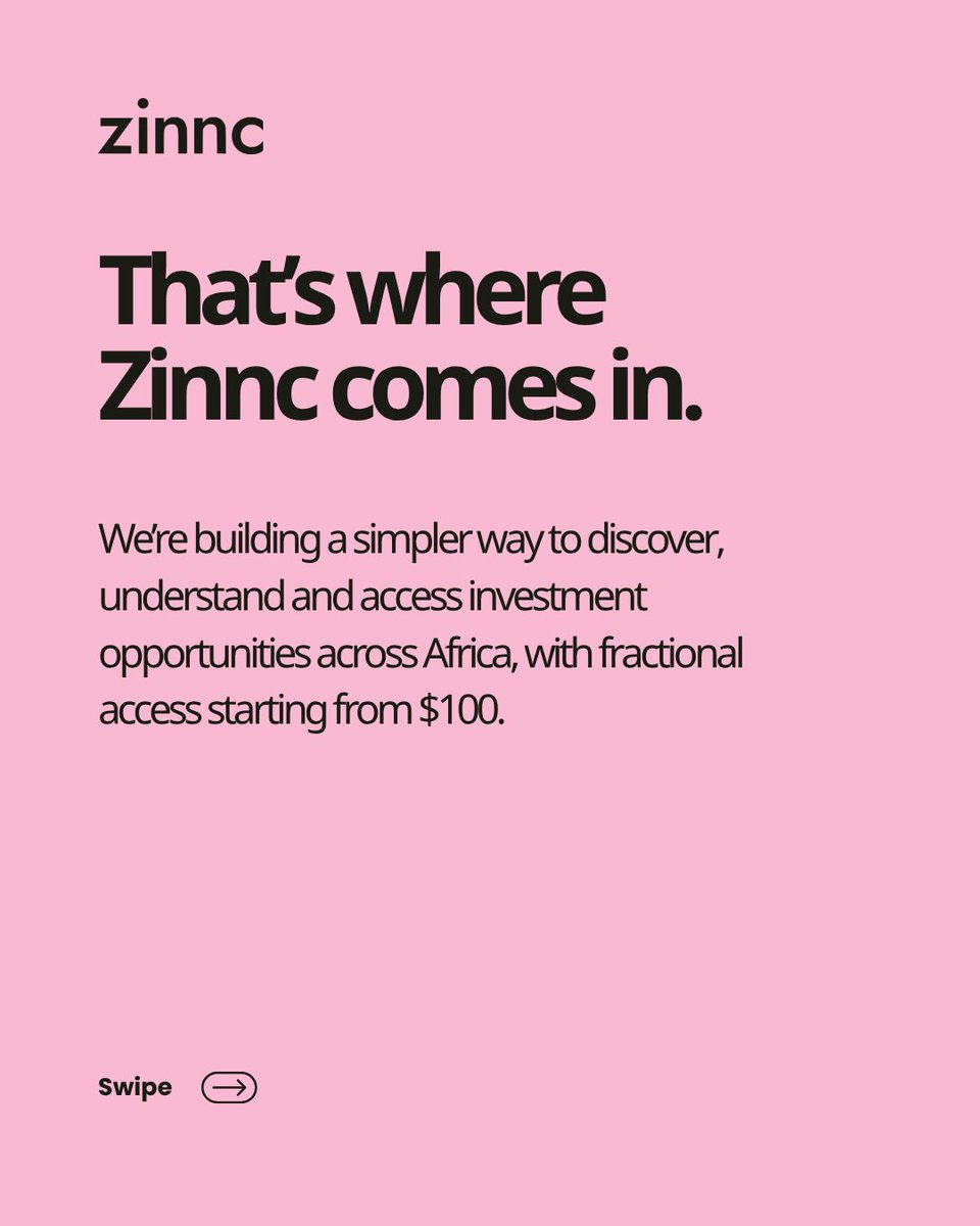 zinnchq's tweet photo. It can make you curious about what’s being built and want to find your own way to be part of it.

That’s why we built Zinnc.

We’re making it simpler to discover and access investment opportunities across Africa, with fractional access starting from $100. https://t.co/NOiekbXcdd