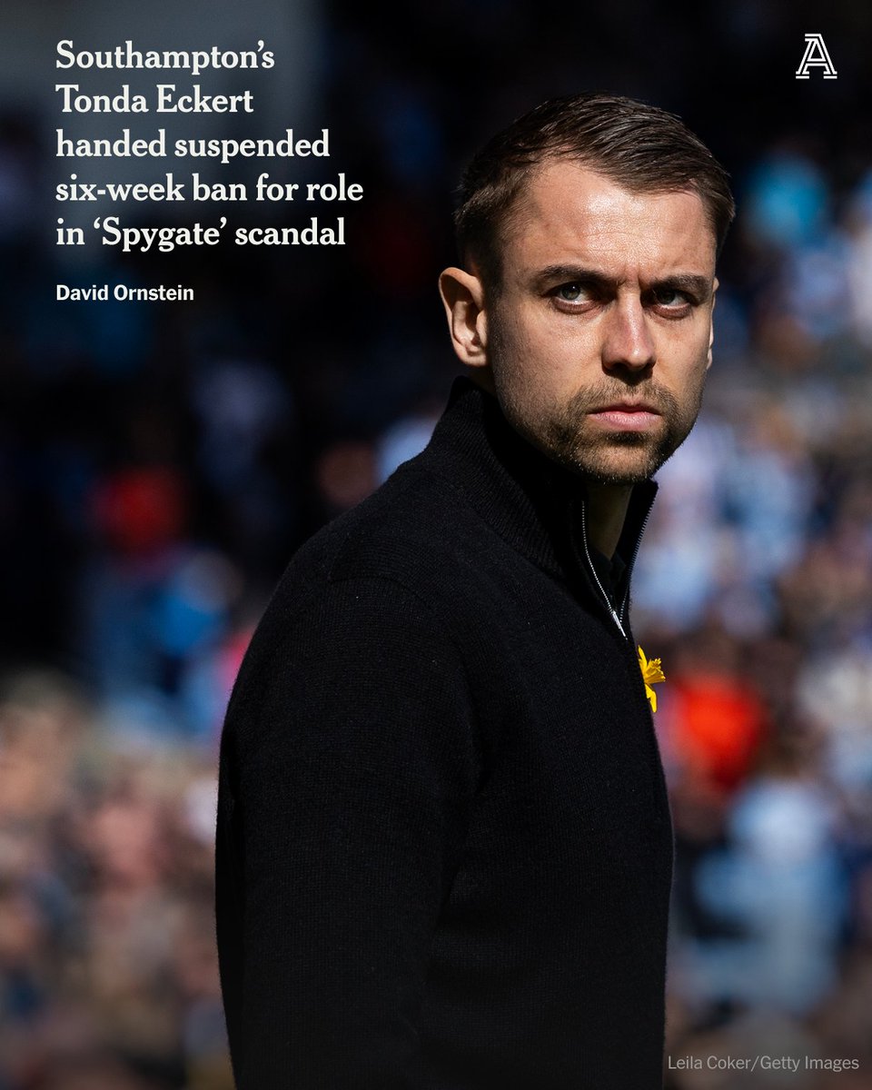 TheAthleticFC's tweet photo. Southampton head coach Tonda Eckert has been given a suspended six-week ban by the FA after its investigation into the ‘Spygate’ scandal that saw the club kicked out of the Championship play-off final in May.

More from @David_Ornstein 

🔗 https://t.co/0Xj4vWfLFJ https://t.co/GefivFqTZP