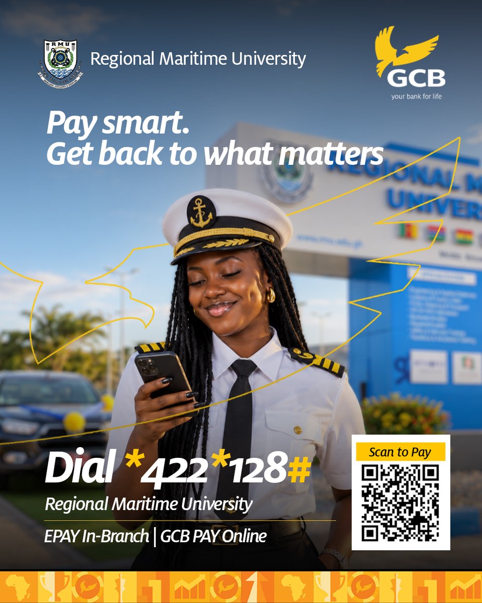 GCBBankPLC's tweet photo. Settle your fees and get back to what matters.
Regional Maritime University students can dial *422*128#, pay through EPAY at any GCB branch, or use GCB PAY Online. Convenient payment options designed around you.
#GCBBank #RMU #StudentPayments #GCBCares #YourBank4Life https://t.co/KAqjODldHp