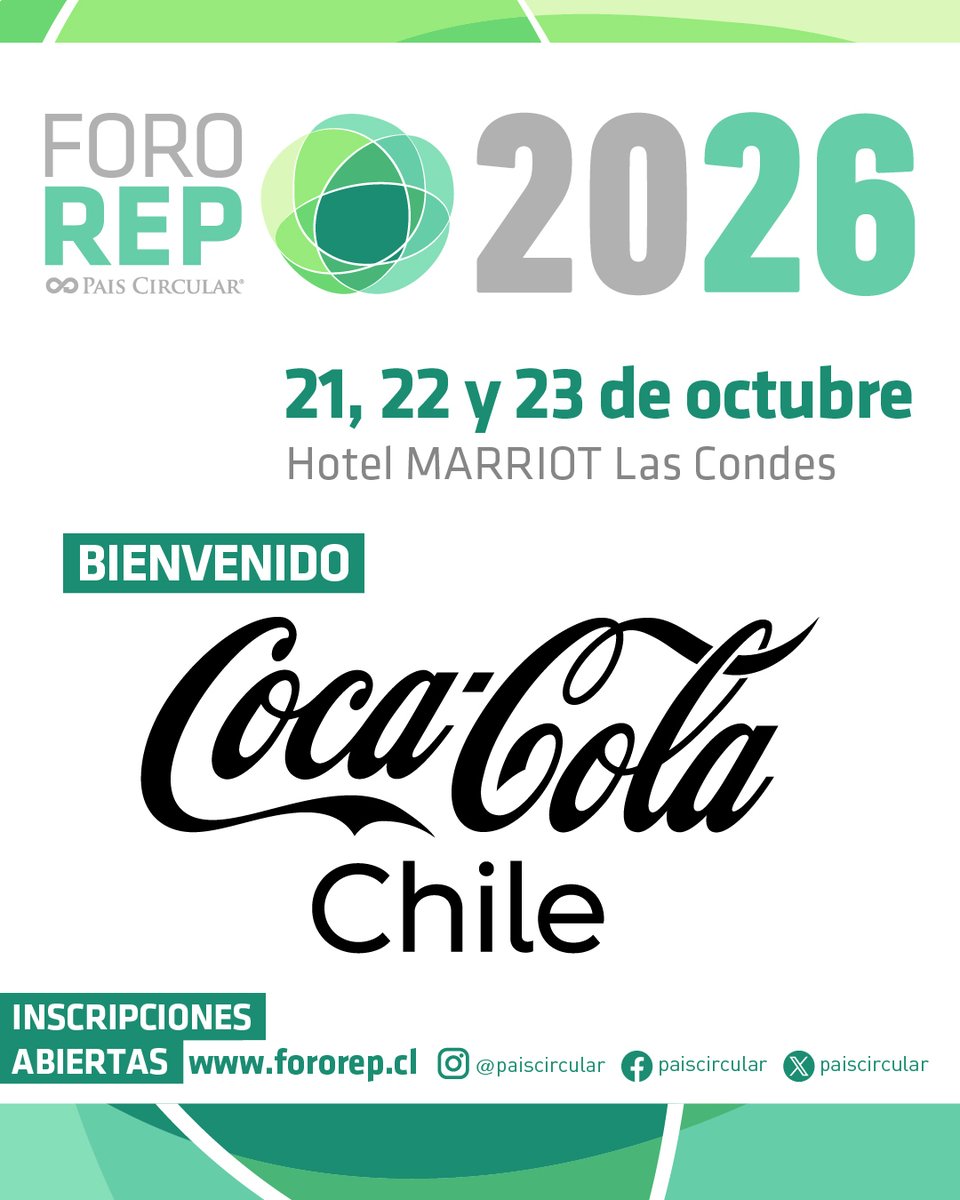 PaisCircular's tweet photo. 🚀 ¡Bienvenido @CocaColaCoCL  como auspiciador de Foro REP 2026!

📅 21, 22 y 23 de Octubre

📍 Hotel Marriott Santiago

🎟️ Inscripciones abiertas en https://t.co/xdhyxRNeHm 

#ForoREP2026 #CocaCola #Chile https://t.co/LpsYcAYKaH