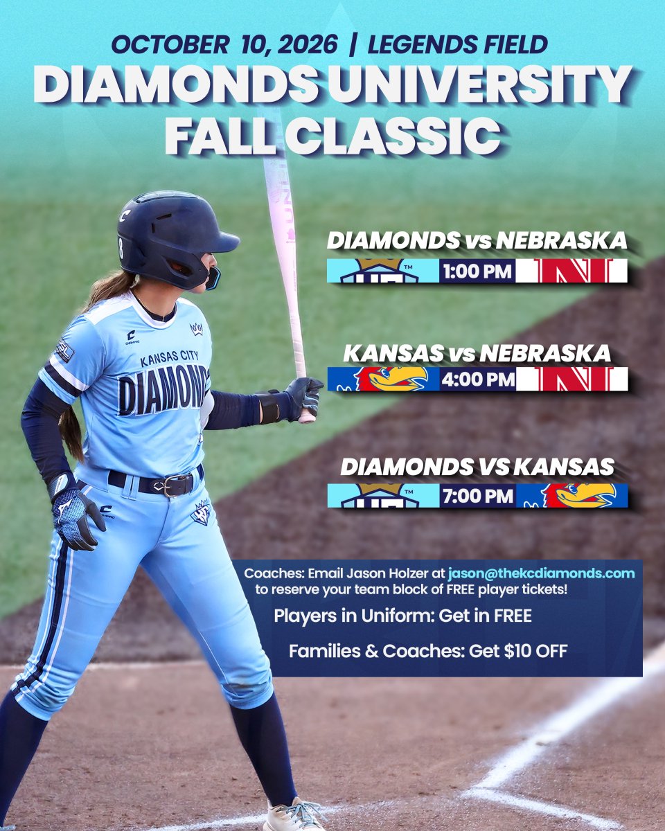 TopGunEvents's tweet photo. Coming to KC for the Top Gun Events Fall Discovery? 🥎 

Make it a full softball weekend and catch the KC Diamonds Fall Classic at Legends Field on Oct. 10!
🎟️ Players in uniform: FREE
💸 Families & coaches: $10 OFF

#TopGunEvents #FallDiscovery #ProSoftball #CollegeSoftball #SoftballLove