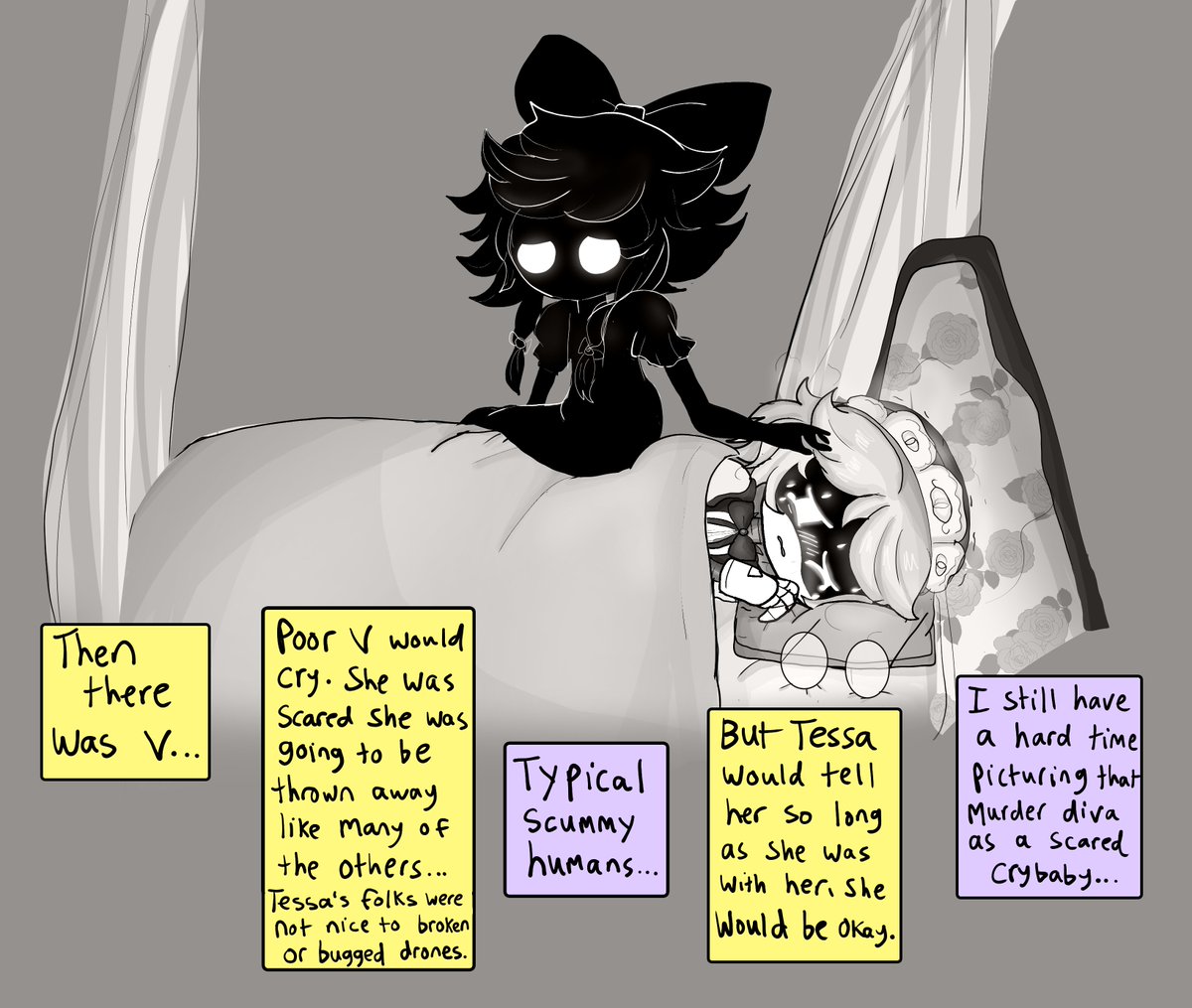 murasaki_ame_'s tweet photo. 2/4

I like to imagine that Tessa treated her drones like sick Victorian children if they ever got bugged or had a virus. She also hid them from her parents so they wouldn't throw them away because they were malfunctioning.
#murderdrones #Tessaelliot #N #V #J #Cyn https://t.co/tOsXg5LnRY
