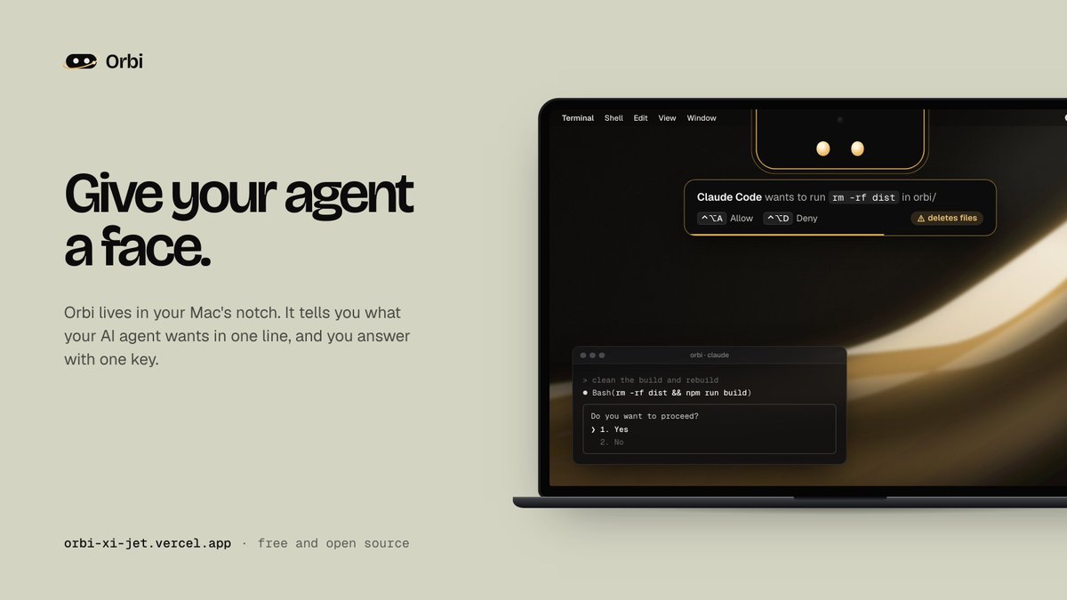 omyvnss's tweet photo. My AI agents kept asking for permission. I kept missing it.

So I built Orbi: a face in your Mac's notch that says what your agent wants in one line.

⌃⌥A to allow. ⌃⌥D to deny. From any app.

Free + open source.

https://t.co/LwphWt9C3J https://t.co/kOYjPQxEY1