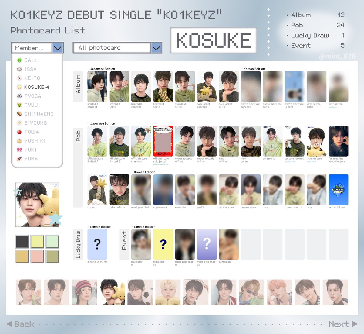 mint_616's tweet photo. 💌photocard template / list - ko1keyz

─ ✶ debut single: "KO1KEYZ" (1/3)

トレカ一覧｜포카 리스트

- DAIKI｜加藤大樹
- ISSA｜柳谷伊冴
- KEITO｜小野慶人
- KOSUKE｜照井康祐

⟡10/8 update!
保存〇｜再加工〇
#KO1KEYZ #コイキーズ #코이키즈 
#KO1KEYZ交換 https://t.co/1ooCrYkPAk