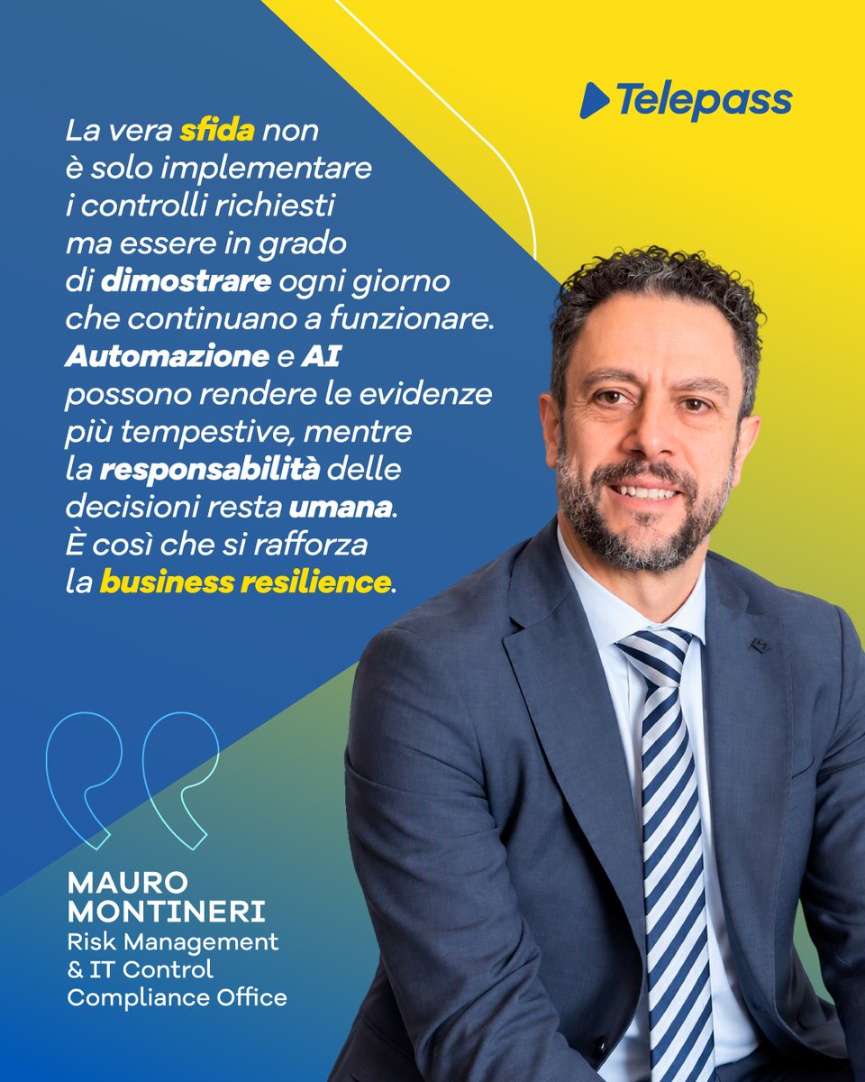 telepass's tweet photo. Rispettare le normative non significa rallentare il passo, ma trovare il modo di far viaggiare tecnologia, compliance e cybersecurity sulla stessa corsia.​

Al #forumbanca 2026 di Ikn Italy, Mauro Montineri, Risk Management & IT Control – Compliance Office di Telepass, ha approfondito le sfide poste dall'evoluzione del quadro normativo europeo, soffermandosi su come la conformità a DORA, NIS2 e AI Act debba integrarsi con sicurezza dei dati, resilienza operativa e innovazione tecnologica. Al centro dell'intervento, l'evoluzione del concetto stesso di compliance: non più soltanto implementazione di controlli, ma capacità di dimostrarne nel tempo l'efficacia.​

Un approccio fondamentale per accompagnare l’evoluzione dei servizi digitali garantendo la necessaria protezione da minacce in continua evoluzione.