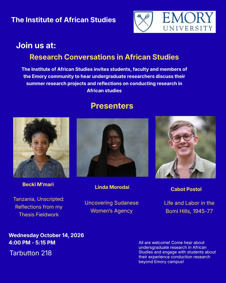 EmoryIAS's tweet photo. IAS is hosting an event to celebrate some of AFS majors and minors who did research this past summer. This event will showcase the research conducted by 3 AFS students over the summer. 
#emoryuniversity #emorycollege #marianacandido https://t.co/FHwaP07bqA