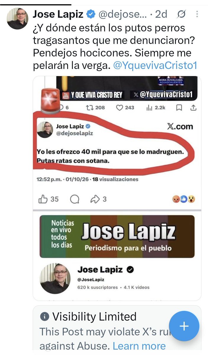 TomasElOdioso2's tweet photo. El meco de @dejoselapiz tuvo que quitar su post por andar amenazado de muerte  clerigos .

Pero @OHarfuch y su @SSPCMexico con su policía cybernetica se quedan callados 

Ya es momento de reportar en X esta cuenta masivamente https://t.co/giXgZThZ4r