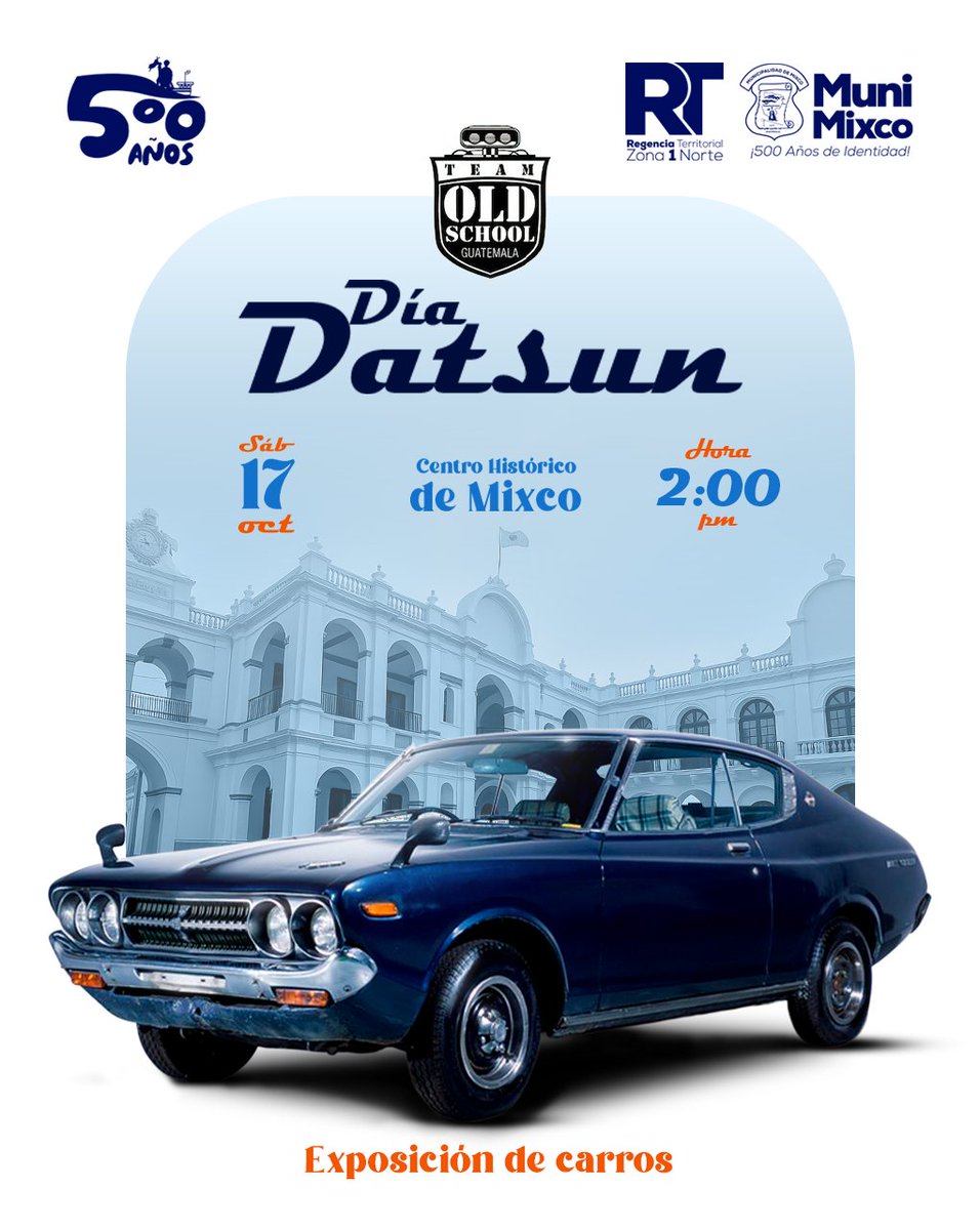 RegTerZ1NMixco's tweet photo. Ven con tu #familia y #disfruta de una tarde llena de joyas #automotrices, #historias y buena compañía 🚗

🗓️ Sábado 17 de octubre
🕑 2:00 PM
📍 Centro Histórico de #Mixco
🆓 #Entrada libre
#ConstruyendoElFuturo #500añosmixco https://t.co/SCi9JdyJbL