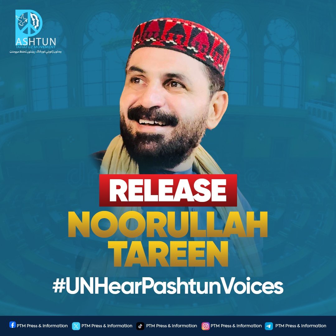 Alikhan18315's tweet photo. Pashtunخوا demands peace, justice, and the immediate release of all peaceful political prisoners. We refuse to live in fear of state-sponsored intimidation.Retweet to amplify the voice of millions! 📢
#UNHearPashtunVoices @antonioguterres @UNHumanRights https://t.co/jRzgmQMqm3