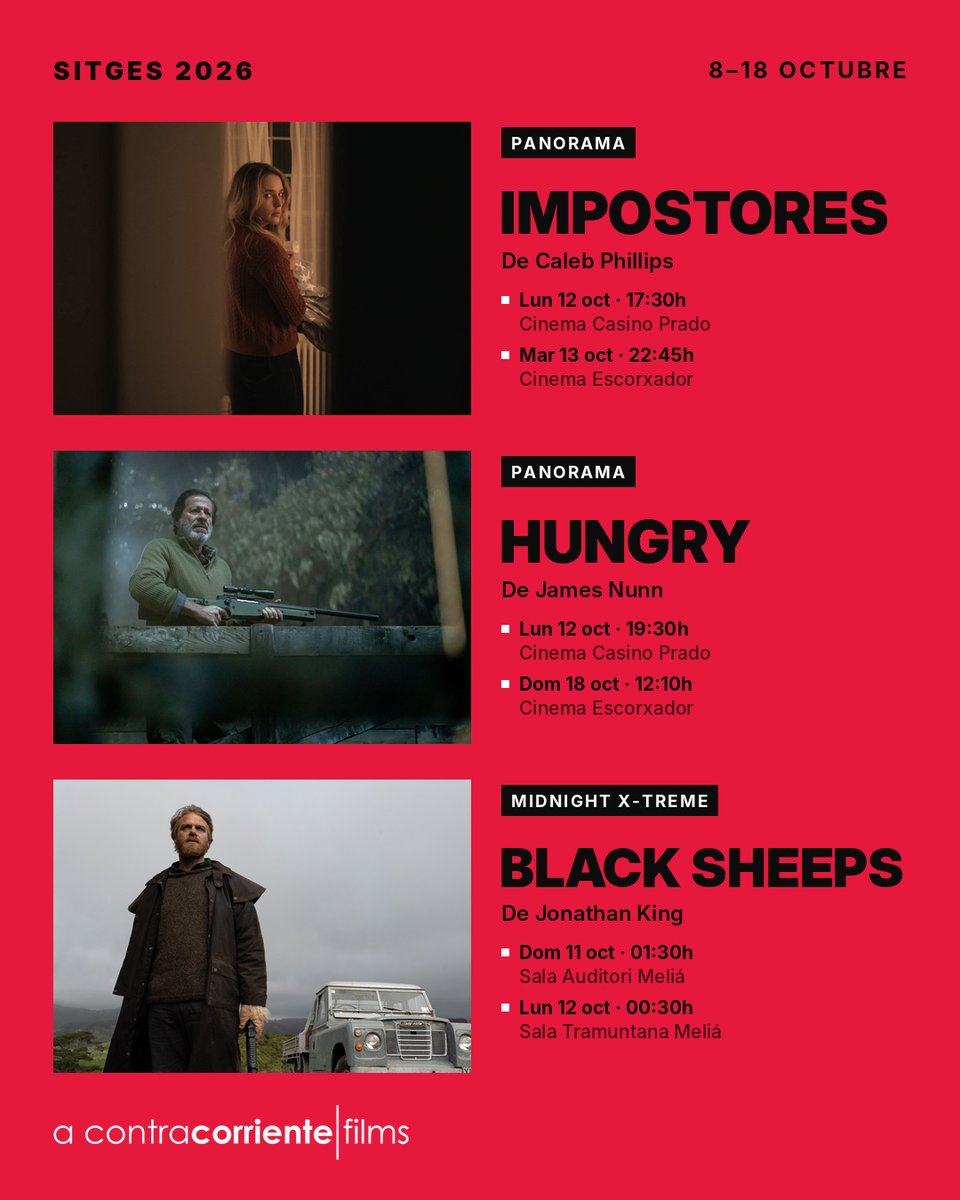 acontrafilms's tweet photo. Ocho películas distribuidas por A Contracorriente Films forman parte del 59º Festival de Sitges, del 8 al 18 de octubre.

• DRAG, de Greg Yagolnitzer y Raviv Ullman
• KARMA, de Guillaume Canet
• FURIA DESATADA, de Sidharta Tata
• IMPOSTORES, de Caleb Phillips
• HUNGRY, de James Nunn
• BLACK SHEEPS, de Jonathan King
• GATOR FACE, de Padraig Reynolds
• SCANNERS, de David Cronenberg

¡Nos vemos en Sitges! 🦍

#AContracorrienteFilms #Sitges2026