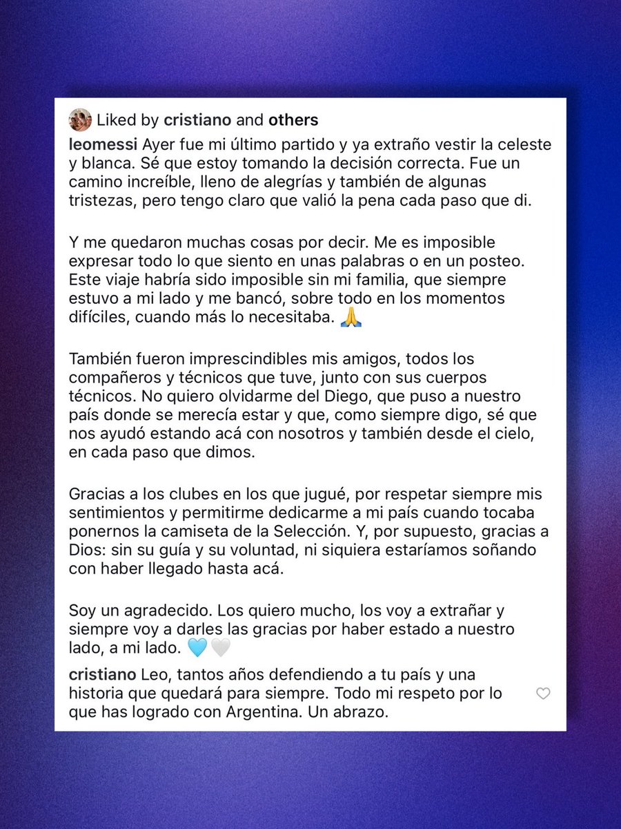 PopBase's tweet photo. Cristiano Ronaldo comments on Leo Messi’s Argentina retirement post:

“Leo, so many years defending your country and a story that will last forever. All my respect for what you have accomplished with Argentina. A hug.” https://t.co/TOoUbutrPC