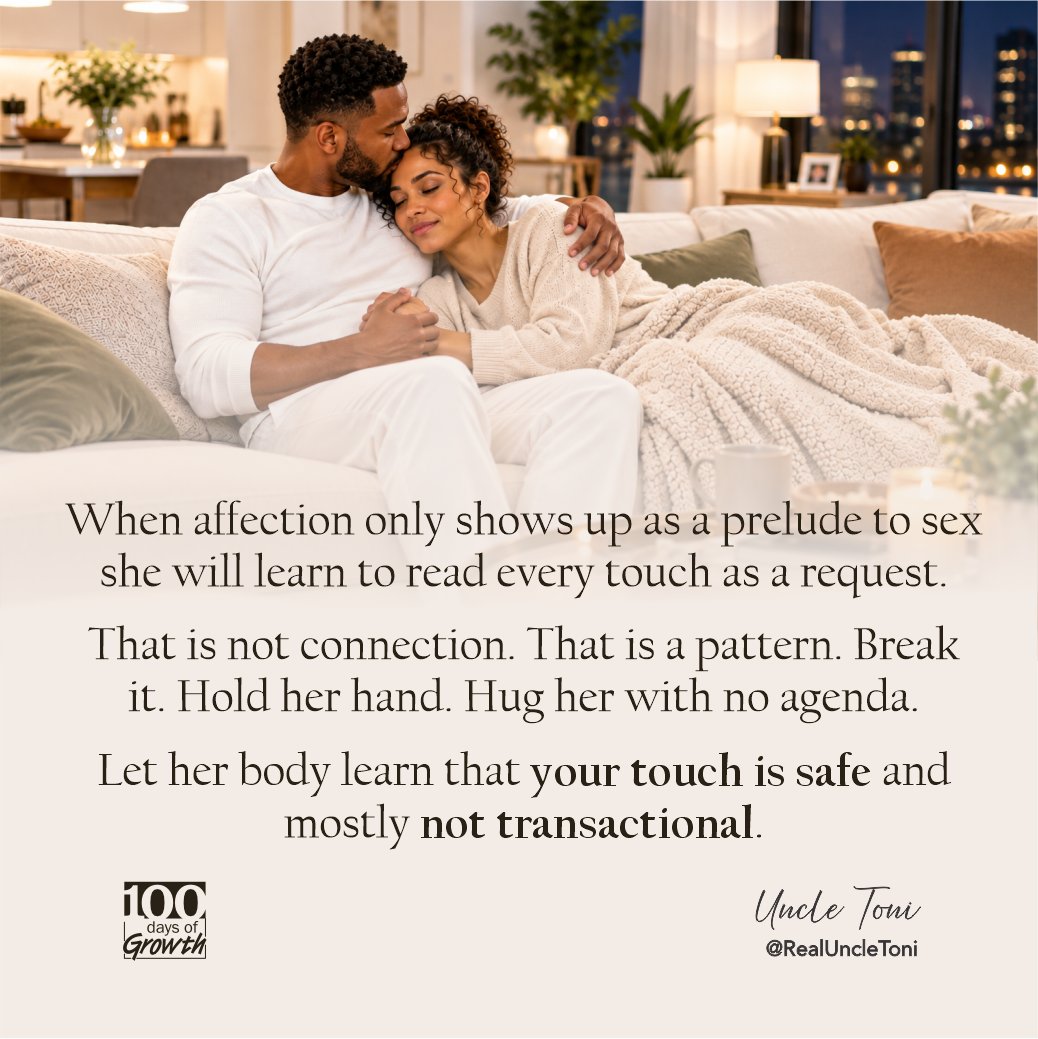 realuncletoni's tweet photo. Affection should feel like love, not a request.
Hold her hand. Hug her. Kiss her forehead—with no agenda.
Let your touch remind her: “I love you,” not always, “I want something.” ❤️
#RealUncleToni #ForHusbands #MarriageTruths #ChristianMarriage #BlissfulMarriage https://t.co/YyMOcTuXqN
