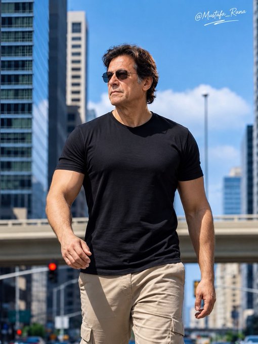 The image features a confident man with dark hair and sunglasses, wearing a black t-shirt and beige cargo pants, standing in an urban setting with skyscrapers and a clear blue sky in the background. The watermark "@Mustafa_Rana" is visible in the top right corner.

The accompanying post is in Urdu, calling for the release of Imran Khan and urging people from Punjab, Sindh, and Balochistan to join the struggle, similar to the people of Peshawar. However, the man pictured does not resemble Imran Khan, so this image appears to be used symbolically or as a stock photo to represent the determined, fighting spirit conveyed in the post's call to action for political resistance.